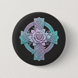 Celtic cross, pastel colors, rose in the center 6 cm round badge