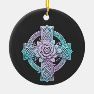 Celtic cross, pastel colors, rose in the center ceramic ornament