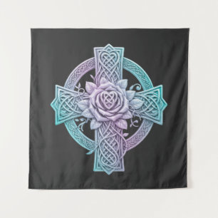 Celtic cross, pastel colors, rose in the center tapestry