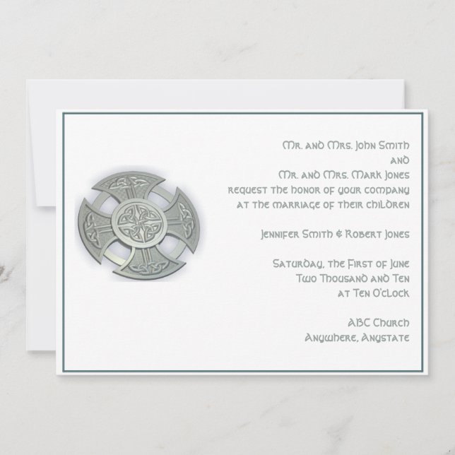 Celtic Cross Silver White Wedding Invitation (Front)