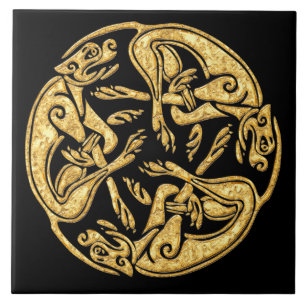Celtic dogs gold traditional ornament digital art tile