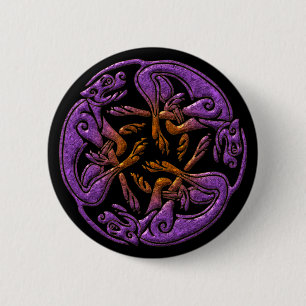 Celtic dogs traditional ornament in purple, orange 6 cm round badge