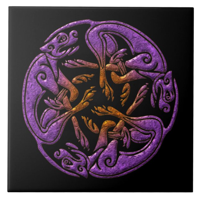 Celtic dogs traditional ornament in purple, orange ceramic tile (Front)