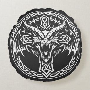 Celtic Dragon Emblem by BurnsInHell Round Cushion