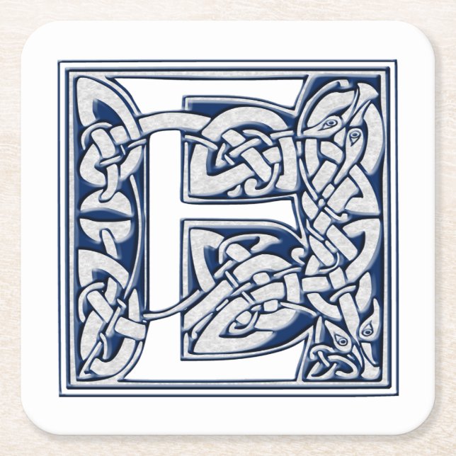 Celtic Dragon Initial E Square Paper Coaster (Front)