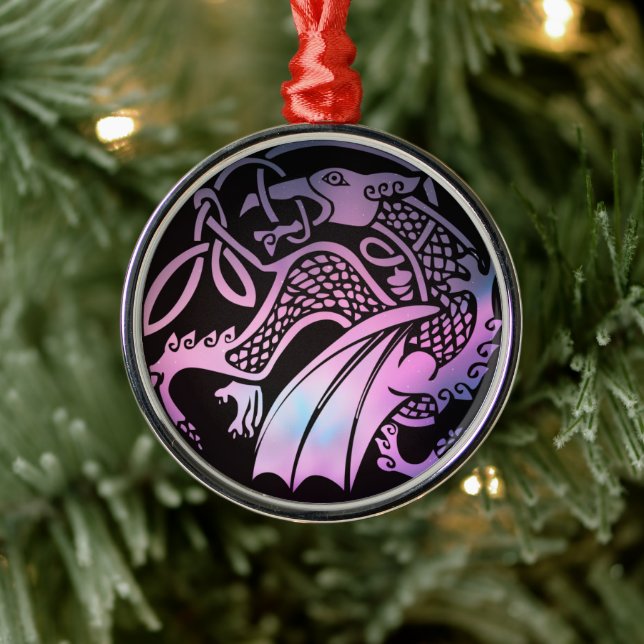 Celtic Dragon Round Metal Ornament (Tree)