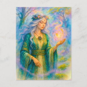 Celtic druidess conjures glowing energy sphere holiday postcard