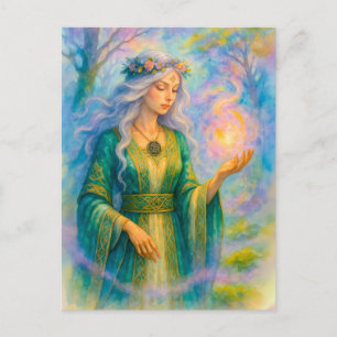Celtic druidess conjures glowing energy sphere holiday postcard