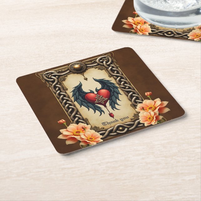 Celtic elegance with a heart and wings.  square paper coaster (Angled)