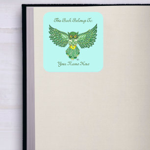 Celtic Flight Owl Green Bookplate  Square Sticker