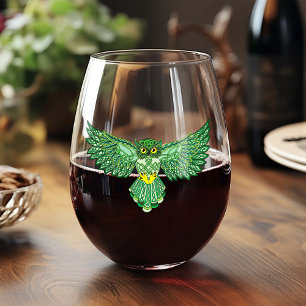 Celtic Flight Owl Green Stemless Wine Glass