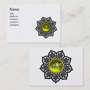 CELTIC FLOWER YELLOW GEMSTONE MONOGRAM Black White Business Card