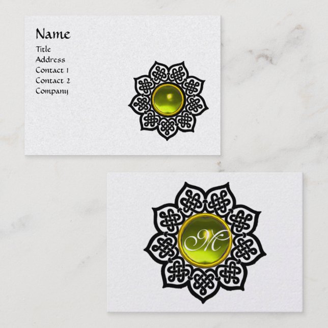 CELTIC FLOWER YELLOW GEMSTONE MONOGRAM Black White Business Card (Front/Back)