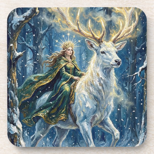 Celtic Goddess & Glowing White Stag Coaster (Front)