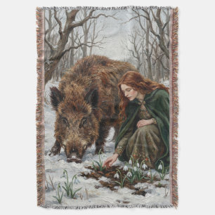 Celtic Goddess & Wild Boar Throw Blanket