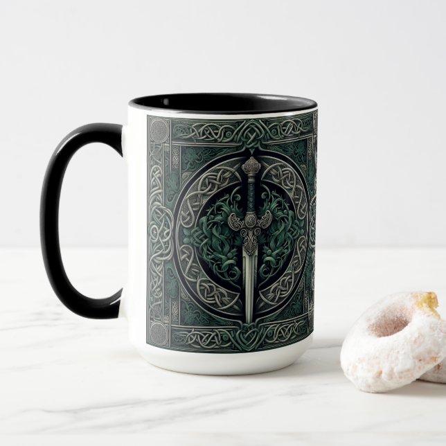 Celtic Green and Silver Sword Mug (With Donut)