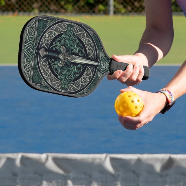 Celtic Green and Silver Sword Pickleball Paddle (Insitu)