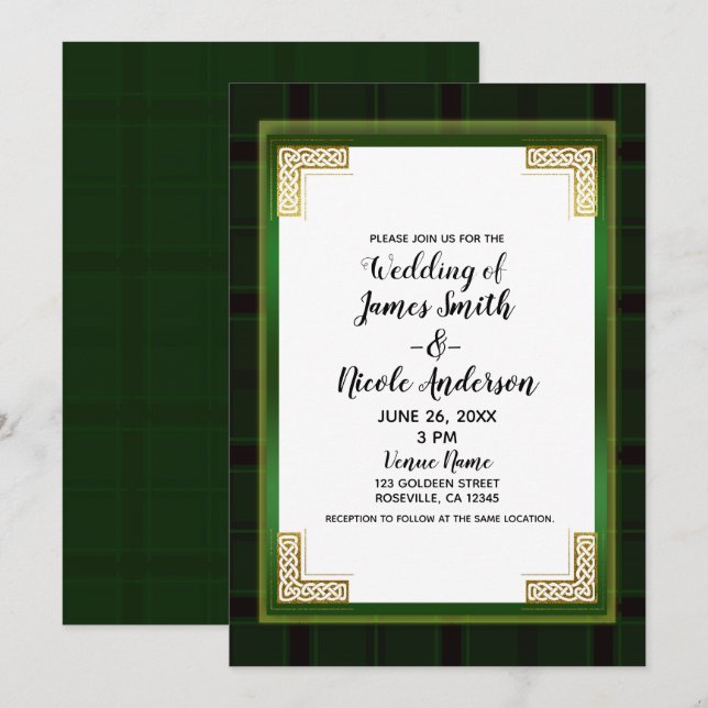Celtic Green Gold Plaid Tartan White Irish Wedding Invitation (Front/Back)