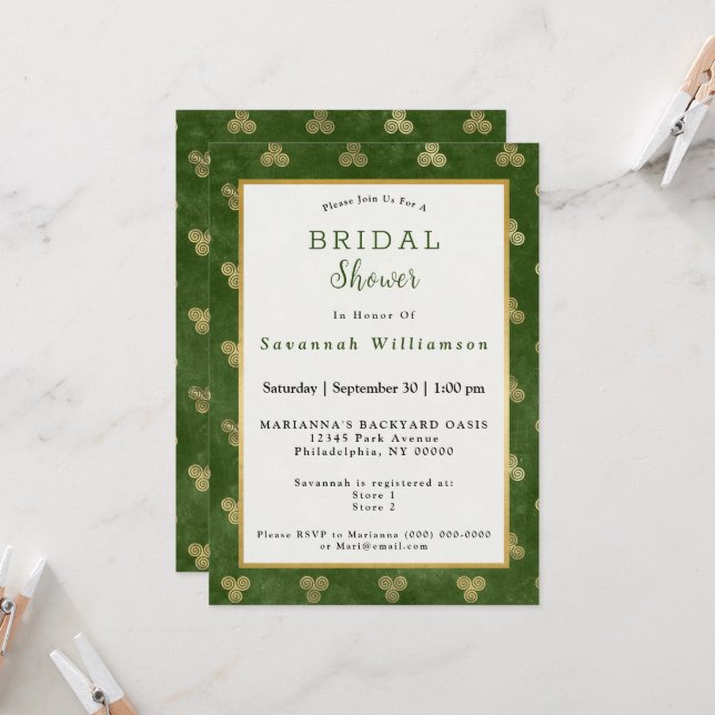 Celtic Green Gold Triple Spiral Bridal Shower Invitation (Front/Back In Situ)