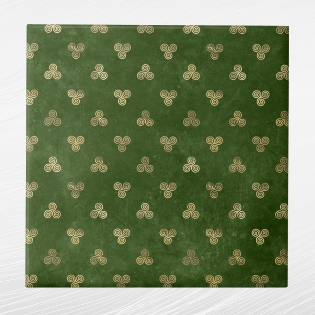 Celtic Green Gold Triple Spiral Ceramic Tile (Creator Uploaded)