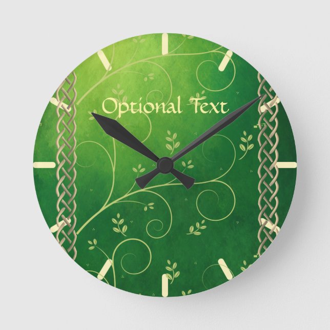 Celtic Green Knots & Leaves Round Clock (Front)