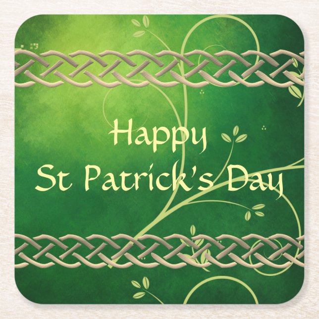 Celtic Green Knots & Leaves Square Paper Coaster (Front)