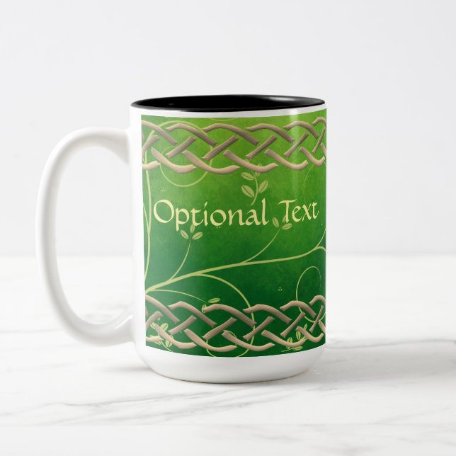 Celtic Green Knots & Leaves Two-Tone Coffee Mug (Left)