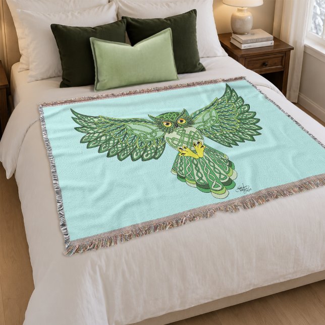 Celtic Green Knotwork Owl Flight Spread Wings Throw Blanket (Creator Uploaded)