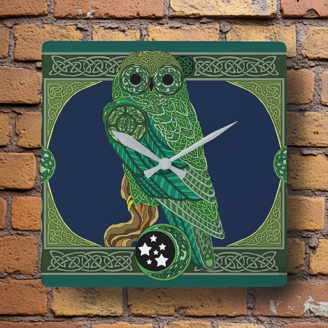 Celtic Green Owl Square Wall Clock (Creator Uploaded)