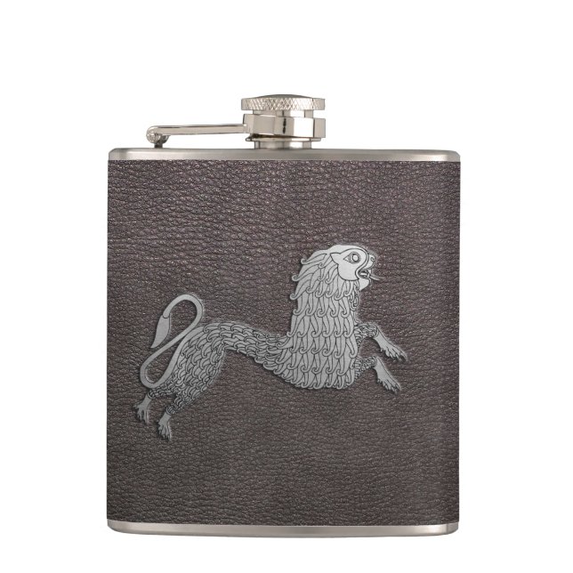 Celtic Griffin on dark leather Hip Flask (Front)