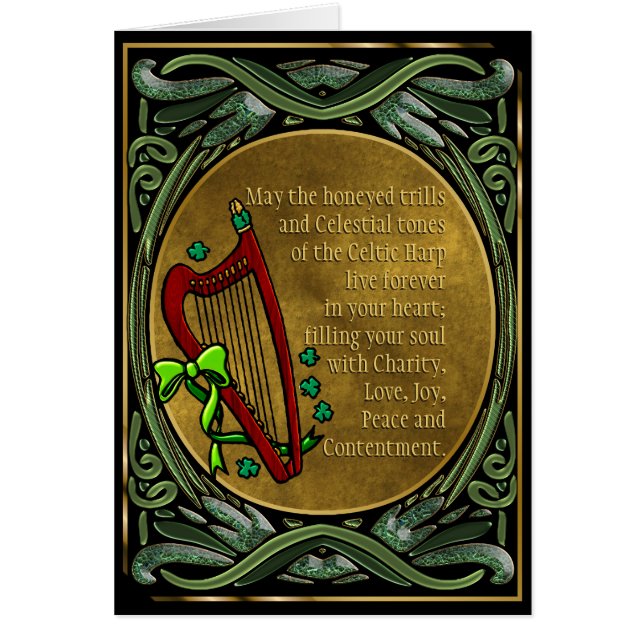 Celtic Harp, Entwined Green Vines, Irish Blessings (Front)