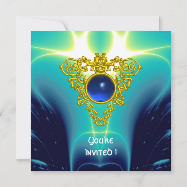 CELTIC HEART  bright blue,yellow , gold metallic Invitation (Front)