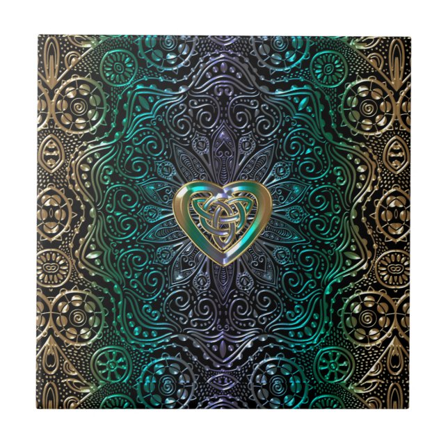 Celtic Heart Mandala In Green and Gold Original Ceramic Tile (Front)