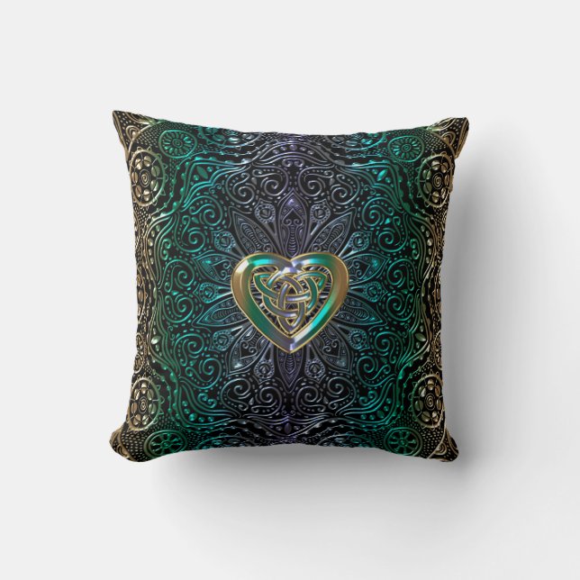 Celtic Heart Mandala In Green Gold Cushion (Front)