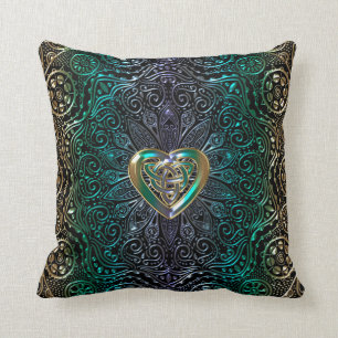 Celtic Heart Mandala In Green Gold Cushion