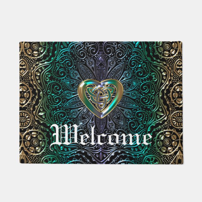 Celtic Heart Mandala In Green Gold Doormat (Front)