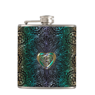 Celtic Heart Mandala In Green Gold Hip Flask