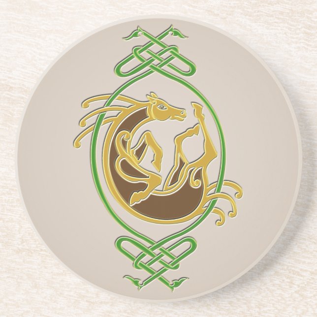 Celtic Horse Knotwork - Green & Gold Coaster (Front)