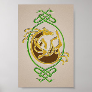 Celtic Horse Knotwork - Green & Gold Poster