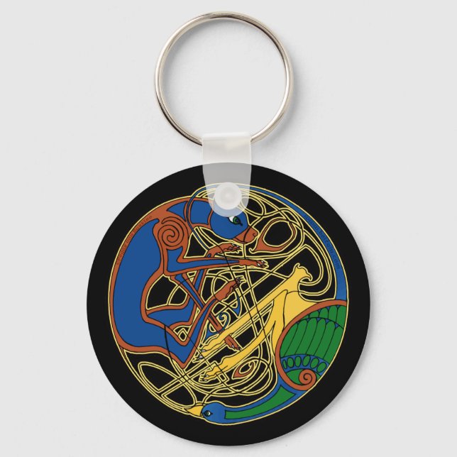 Celtic Hound & Bird Keychain, Black Key Ring (Front)