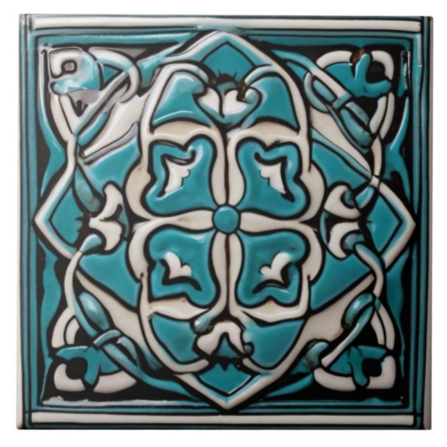 Celtic Inspired Green and White Geometric Abstract Ceramic Tile (Front)