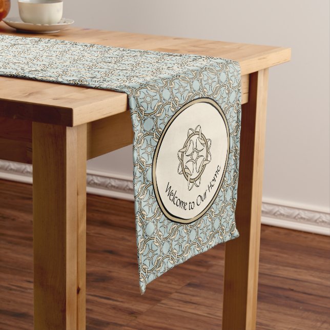 Celtic Inspired Interwoven Graphic Cream Black Short Table Runner (In Situ)