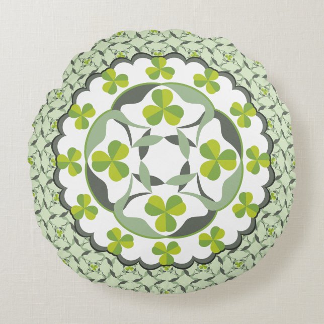 Celtic Inspired Shamrock Green Clover Pattern Round Cushion (Front)
