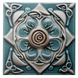 Celtic Inspired Teal Green and White Rose Flower Ceramic Tile