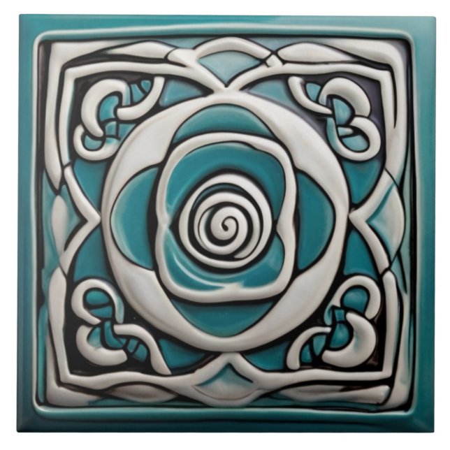 Celtic Inspired Turquoise and White Rose Flower Ceramic Tile (Front)