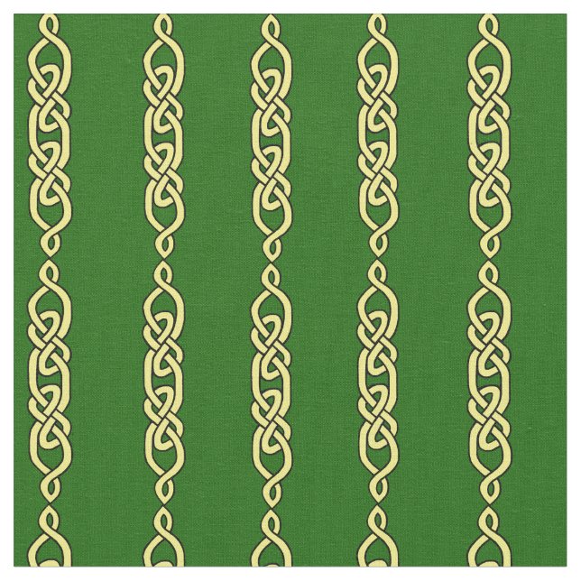 Celtic knot, braid, gold stripe on deep green fabric (Close Up)