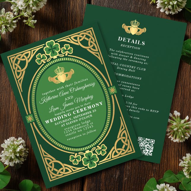 Celtic Knot Claddagh Shamrock Wedding Green QR Invitation (Creator Uploaded)