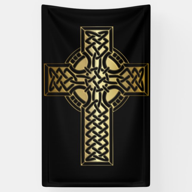Celtic Knot Cross in Gold and Black Banner (Vertical)