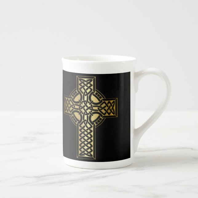Celtic Knot Cross in Gold and Black Bone China Mug (Right)