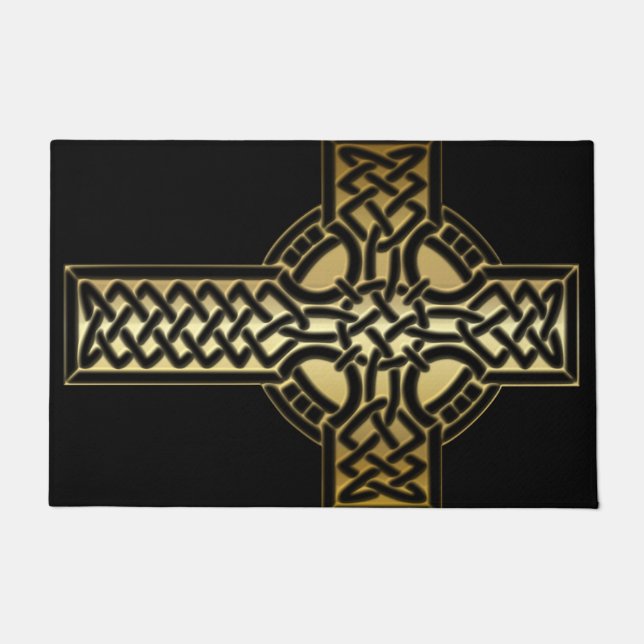 Celtic Knot Cross in Gold and Black Floor Mat (Front)